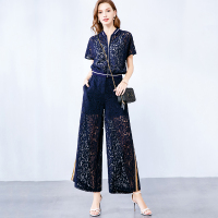 晚白新品镂空蕾丝短袖上衣纯色高腰阔腿裤休闲裤两件套女