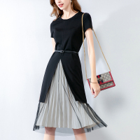 晚白 新品短袖开衩上衣百褶中长款半身裙套装裙两件套女