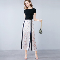 晚白新品纯色短袖T恤上衣修身中长款开叉半身裙两件套女