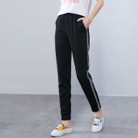 晚白 新品时尚百搭松紧高腰条纹显瘦小脚裤铅笔裤休闲裤女