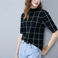 晩白 新品格子百搭气质直筒常规款短袖上衣针织衫羊毛衫
