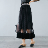 晩白 新品通勤气质百搭复古微透松紧高腰长款A字半身裙