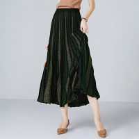 晚白 新品通勤百搭松紧高腰亮丝A摆长款条纹针织半身裙女