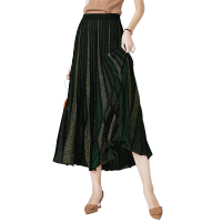 晚白 2020春新品时尚百搭通勤松紧高腰条纹针织裙百褶长裙半身裙女