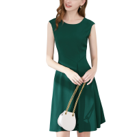 晚白2020夏季新品纯色圆领修身显瘦中长款A字裙职业无袖连衣裙女