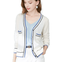 晚白 2020春季新品通勤休闲百搭V领单排扣条纹羊毛衫针织衫开衫女