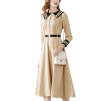 晚白2020年春款学院风拼色减龄海军领收腰显瘦中长A字连衣裙女