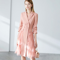 晚白2020秋新品时尚通勤简约纯色翻领套头拼接A字蛋糕连衣裙女