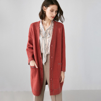 晚白2020秋冬新品休闲纯色V领长袖单排扣中长款宽松针织衫开衫女