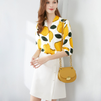 晚白 2020夏季新品时尚通勤印花简约V领休闲中袖雪纺衫衬衫衬衣女