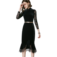 晚白 2020秋季新品复古中国风纯色立领蕾丝旗袍修身丝绒连衣裙女