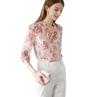 晚白 2020秋季时尚通勤百搭碎花立领荷叶边长袖印花雪纺衬衫衬衣女