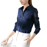 晚白 2020秋季新品时尚通勤百搭简约纯色翻领单排扣长袖衬衫衬衣女