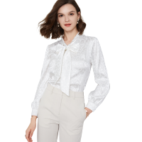 晚白 2020秋季新品时尚简约通勤系带领长袖缎面休闲上衣衬衫衬衣女