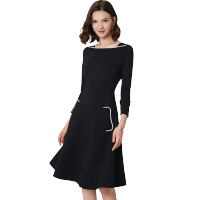 晚白 2020秋季新品名媛淑女钉珠一字领长袖修身A字中长款连衣裙女