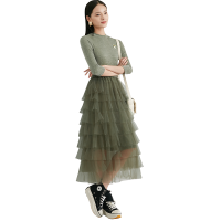 晚白 2020秋季新品通勤百搭休闲纯色减龄立领蛋糕裙修身连衣裙女