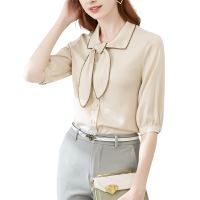 晚白 2020夏季新品时尚通勤简约纯色翻领单排扣中袖淑女衬衫衬衣女