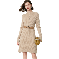 晚白 2020秋冬新品时尚纯色通勤麻花针织修身长袖毛衣裙连衣裙女