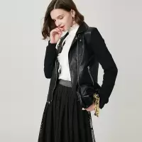 晚白2020秋冬新品时尚通勤纯色翻领长袖外搭常规皮衣休闲外套女