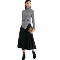 晚白 2020秋冬新品两件套修身立领针织衫高腰百褶半身裙时尚套装女