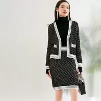 晚白2020冬季新品两件套休闲针织开衫包臀半裙时尚格子毛衣套装女