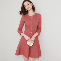 晚白2020冬季新品淑女简约圆领修身显瘦减龄A字中裙打底连衣裙女