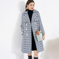 晚白2020冬季新品复古减龄格子修身翻领长袖中长款毛呢大衣外套女