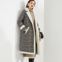 晚白2020冬季新品时尚格子翻毛领中长款休闲毛呢大衣皮草外套女
