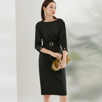晚白2021冬季新品时尚职业百搭纯色蝙蝠袖修身显瘦包臀裙连衣裙女