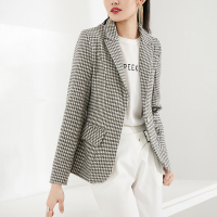 晚白2020冬季新品修身显瘦一粒扣千鸟格印花职业毛呢西装外套女