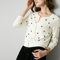 晚白2020冬季新品简约通勤简约波点圆领长袖休闲单排扣针织衫外套女