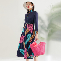 晚白2020冬季新品通勤简约翻领长袖假两件衬衫裙印花打底连衣裙女