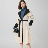 晚白 2020秋冬新品通勤简约百搭拼色翻领长袖修身系带长风衣外套女