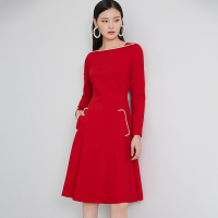 晚白2020秋冬新品钉珠一字领长袖新娘装敬酒服A字修身连衣裙女