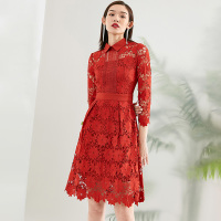 晚白2021春季新品简约纯色翻领修身显瘦A字百搭蕾丝裙连衣裙女