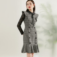 晚白2021春季新品名媛淑女修身格子翻领蕾丝长袖包臀裙连衣裙女