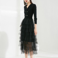 晚白2021春季新品时尚减龄纯色长袖修身显瘦蛋糕裙针织连衣裙女