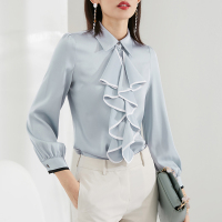 晚白2021春季新品简约纯色翻领长袖荷叶边淑女百搭常规衬衫衬衣女