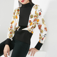 晚白2021春季新品时尚个性拼色立领长袖印花休闲T恤衫打底衫女