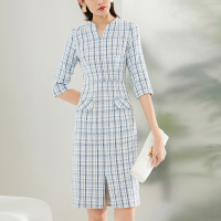 晚白2021春季新品时尚复古格子修身显瘦古典高腰包臀裙连衣裙女