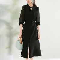 晚白2021春季新品简约纯色镂空V领修身显瘦百搭衬衫裙连衣裙女