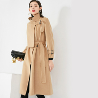 晚白2020春季新品时尚简约立领纯色系腰带休闲双面羊毛大衣外套女