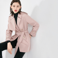 晚白2021春新品时尚简约纯色翻领长袖收腰系腰带中长款风衣外套女