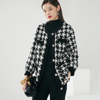 晚白2021春季新品时尚千鸟格宽松休闲中长款百搭开衫毛衫外套女