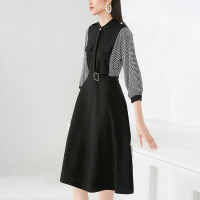 晚白2021春季新品修身显瘦单件千鸟格减龄A字衬衫裙连衣裙女