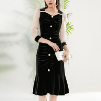 晚白2021春季新品名媛淑女修身显瘦百搭包臀裙丝绒裙鱼尾连衣裙女