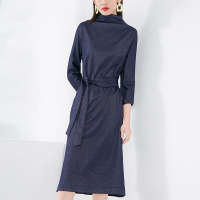 晚白2021春季新品时尚典雅高领蝙蝠袖高腰修身包臀裙简约连衣裙女