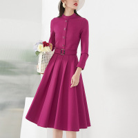 晚白2021春季新品通勤时尚修身显瘦纯色高腰百搭A字职业连衣裙女