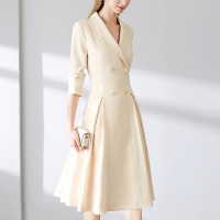 晚白2021春季新品时尚修身显瘦纯色高腰A字西装裙通勤连衣裙女