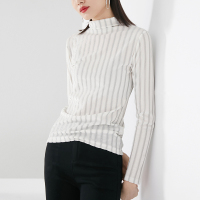 晚白2021春季新品时尚显瘦竖条纹立领长袖修身百搭丝绒打底衫女